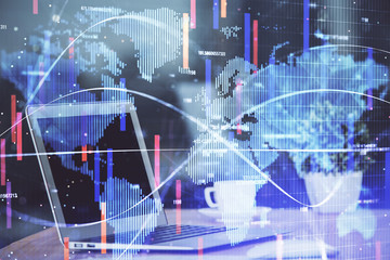 Multi exposure of business theme icons and table with computer background. Concept of success.