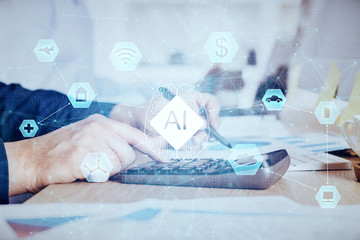 Fototapeta premium Writing man's hand with technology Ai icons.