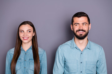 Close-up portrait of two her she his he nice attractive charming lovely cheerful cheery brown-haired person real estate agent broker executive manager isolated on gray violet purple pastel background