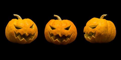 Jack o lantern pumpkin faces on black background for decoration Halloween season.