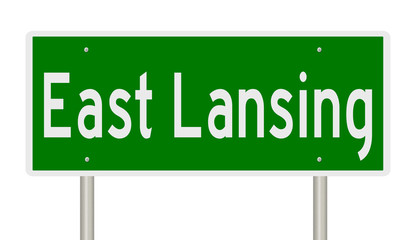 Rendering of a green highway sign for East Lansing Michigan