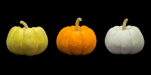 Pumpkin (yellow, orange and white) isolated on black background.