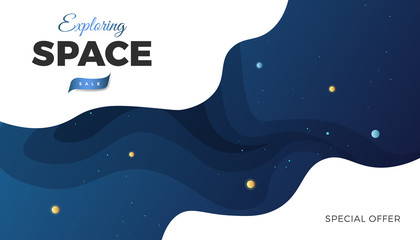 Space background design. Cute flat style banner template with stars, planets in deep Cosmos