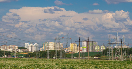 Fototapeta na wymiar Summer townscape with clouds, Minsk, Belarus.