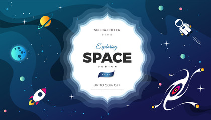 Space exploration modern background design with a Galaxy, Astronaut, Rocket, Moon, Planets and Stars in cosmos. Cute blue color template for website page or banner vector illustration
