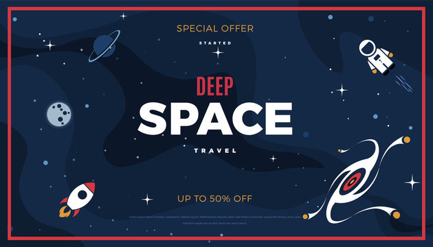 Space exploration modern background design with a Galaxy, Astronaut, Rocket, Moon, Planets and Stars in cosmos. Cute blue color vintage template for website page or retro banner vector illustration