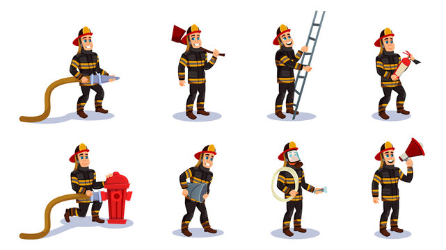 Firemen Characters with Rescue Equipment Vector.