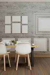 3d render background vertical, interior design, gray concrete wall with panels, room with furniture, dining room