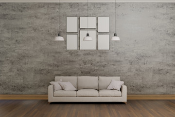 interior of a room with sofa and lamp, loft style wall, 3d background