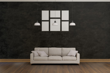 interior of a black room with sofa and lamp, loft style wall, 3d background
