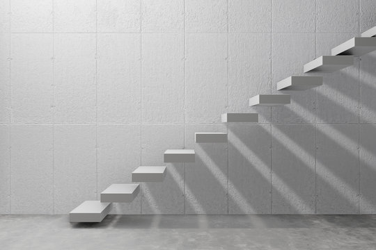 staircase in modern room, white concrete wall and cement floor, 3d background wallpaper