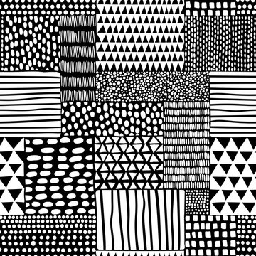 Black and white seamless pattern in patchwork style. Doodle hand-drawn ornament. Print polka dot for textile. Vector illustration.