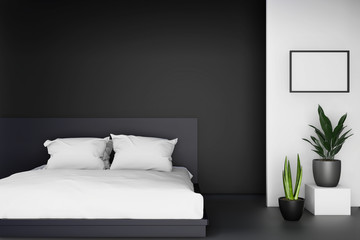 minimal modern interior of black and white bedroom with double bed, 3D rendering background