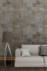 modern of living room, stone wall tiles, 3d rendering background vertical