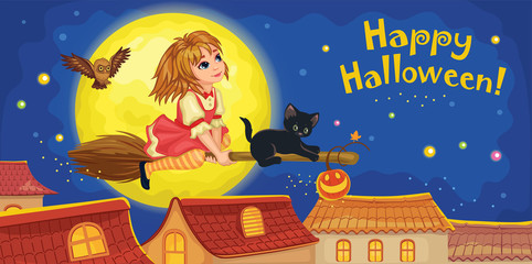 Cat and little witch flying on a broom. Night sky with moon and stars. Postcard for happy Halloween. Friend or family. Wonderland. Cartoon illustration. Fairytale background for children's Wallpaper. 