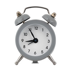 A gray clock with an alarm clock on a white background with arrows showing the time eight hours fifty five minutes or twenty hours fifty five minutes