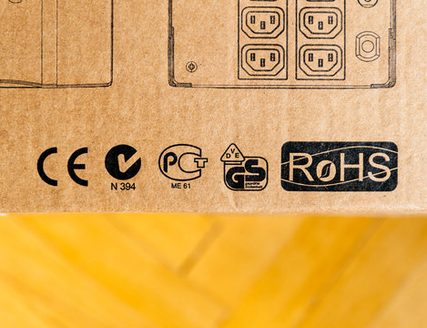 PARIS, FRANCE - MAR 29, 2018: Certificate of conformity  signs of diverse countries on box of APC Smart-UPS C 1000VA LCD 230V enterprise-level uninterruptible power supplies 