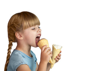 a little girl with pigtails in a blue dress eating ice cream cone. isolate on white background