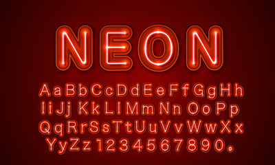 Neon city color red font. English alphabet and numbers sign.