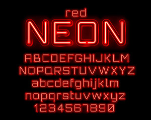 Neon city color red font. English alphabet and numbers sign.