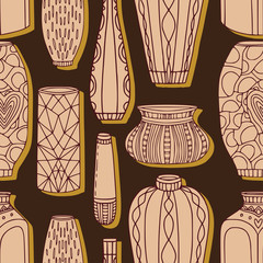 Vases seamless pattern. Pottery vases on brown background.