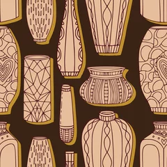 Papier peint Brun Modèle sans couture de vases. Vases en poterie sur fond marron.