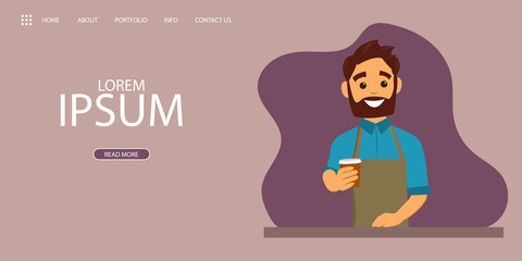 Landing page with a Barista giving coffee to go in a cafe interior. Illustration in flat style for banner, site, lending and social network covers. Vector illustration
