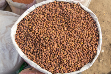 Black Chickpea. Black garbanzo , black chickpea , black chana in a burlap bag. 