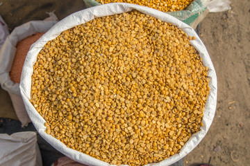 Arhar or masoor Dhal or Toor Dal Pigeon Pea in a burlap bag. 