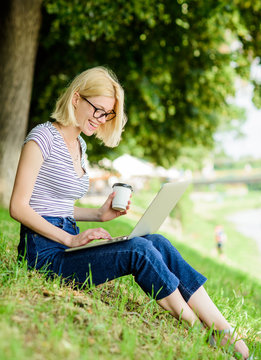 Why employees need to work outdoors. Being outdoors exposes workers to fresher air and environmental variations making happy and healthy on physical and emotional level. Girl laptop outdoors