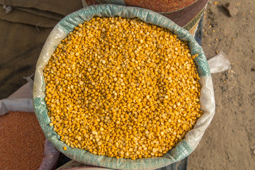 Split Chickpea, Chana Dal, Dried Chickpea Lentils or Toor Dal in a burlap bag. 