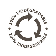 Biodegradable sign - plastic free compostable product label, arrows circle, recycling