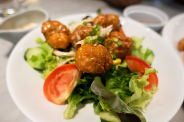 Fried chicken crispy on plate with salad