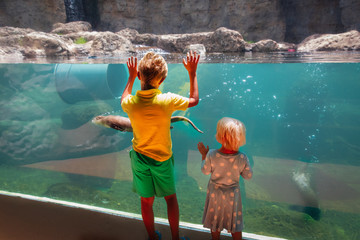 kids-boy and girl- looking at otter in large aquarium