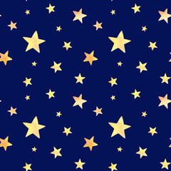 Seamless pattern: sparkling stars at night. Watercolor illustration. Perfect for patterns, wrapping, scrapbooking, texture, wallpaper.