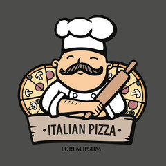 Pizza logo. Hand drawn vector illustration of chef-cooker with a mustache and pizzas. Italian chef logo.