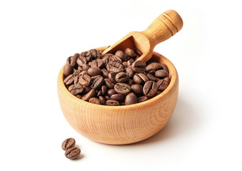 Coffee beans in a wooden bowl