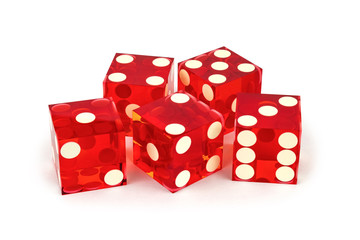Five red poker game dice close-up isolated on a white background / result of a 