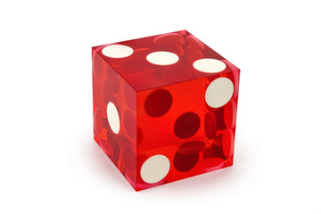 Close-up red poker dice isolated on white background / three on top with light shadow