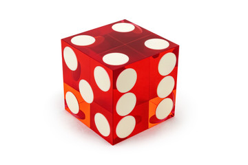 Close-up red poker dice isolated on white background / four on top with light shadow