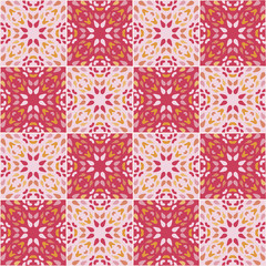 Oriental traditional red, pink floral tile ornament, Moroccan seamless pattern, vector illustration. surface pattern design for fabric, paper, backgrounds, carpet, scrapbooking projects.