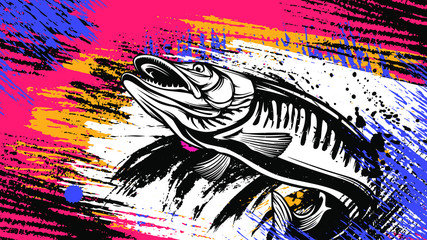Pike fishing emblem shirt. Pike fish logo vector. Outdoor fishing background theme. Angry fish logo. - obrazy, fototapety, plakaty