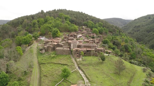 Aerial drone view of Talasnal xisto schist shale village in Lousa, Portugal