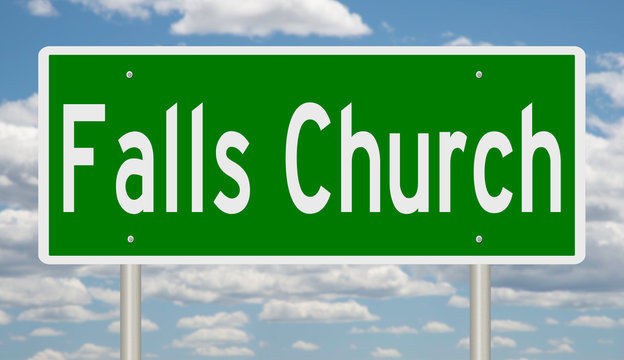 Rendering of a green highway sign for Falls Church Virginia