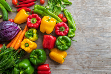 Local market fresh vegetable, garden produce, clean eating and dieting concept, Fresh vegetables on wooden table