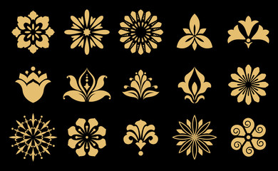 Vector floral set. Spring or summer design for invitation, wedding or greeting cards. Design elements in graphic style. Gold and black ornament