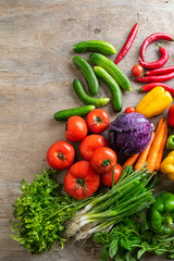 Local market fresh vegetable, garden produce, clean eating and dieting concept, Fresh vegetables on wooden table