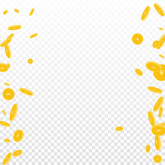 Chinese yuan coins falling. Scattered disorderly C