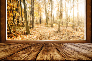 Fototapeta na wymiar Wet autumn window and wooden old table background 