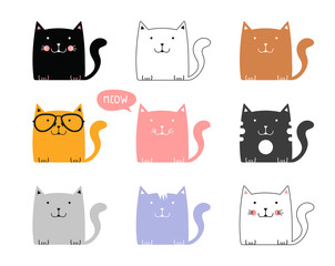 Different cartoon cats set. Simple modern geometric flat style vector illustration.